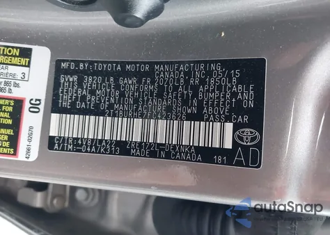 2015 Toyota Corolla Le Premium from USA, damaged, VIN 2T1BURHE7FC423626